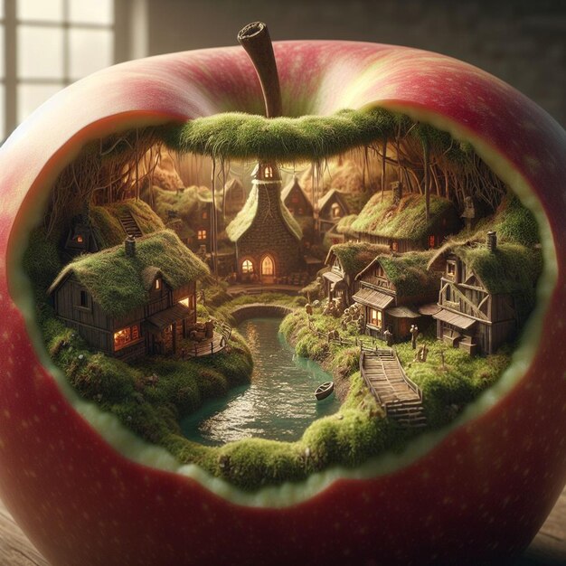 Un village à l'intérieur d'une pomme