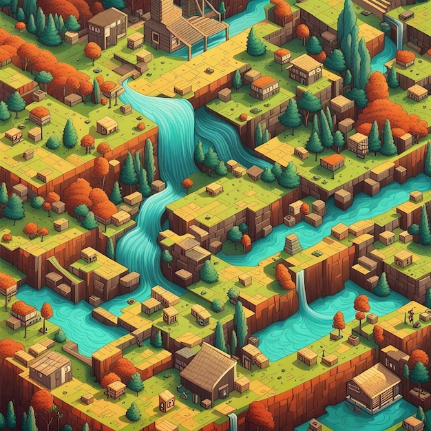 Village isométrique avec des maisons sur la rivière et des montagnes Illustration vectorielle