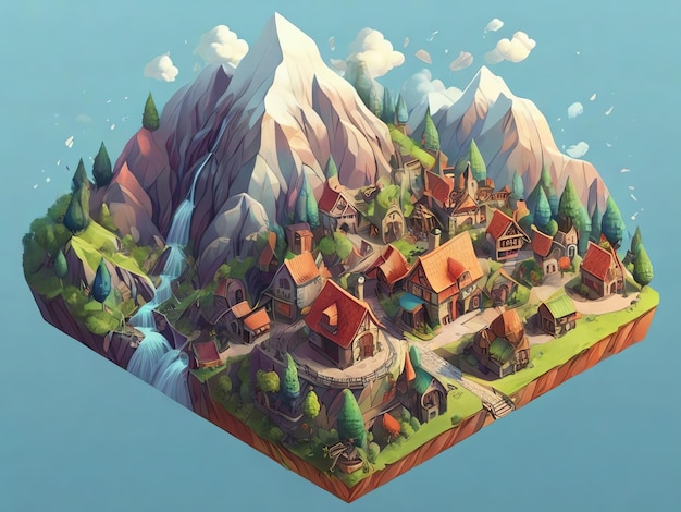 Village isométrique avec une montagne et une colline