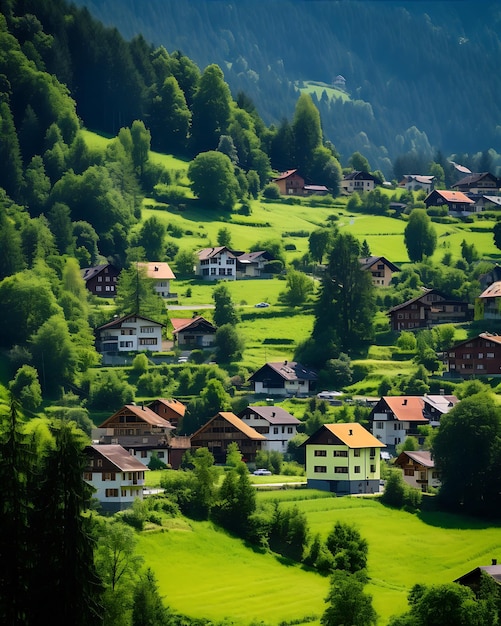 Un village le long d'une colline aux arbres verts