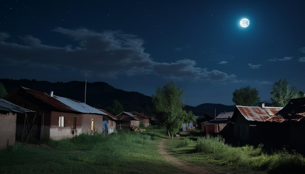 Un village avec une lune dans le ciel