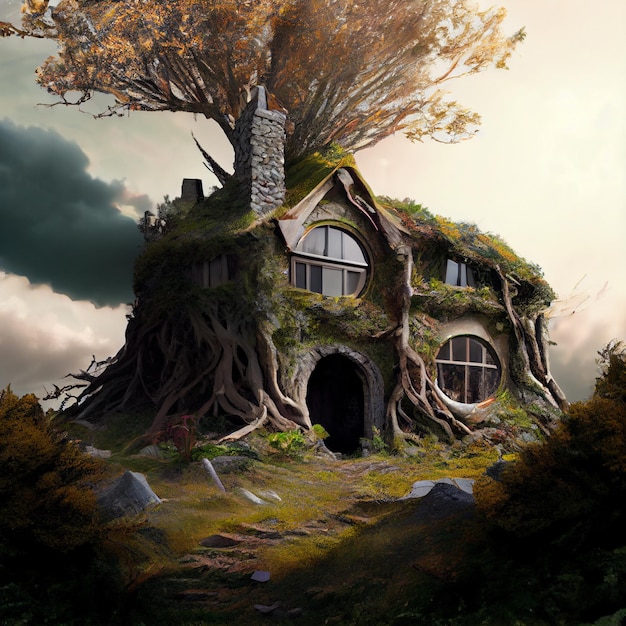 Village de maison de hobbit dans l'illustration de la forêt magique