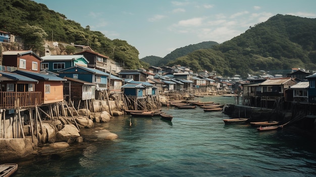 Photo un village avec des maisons au bord de l'eau