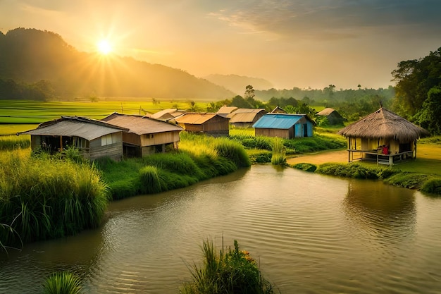 un village avec des maisons sur l'eau et une montagne en arrière-plan