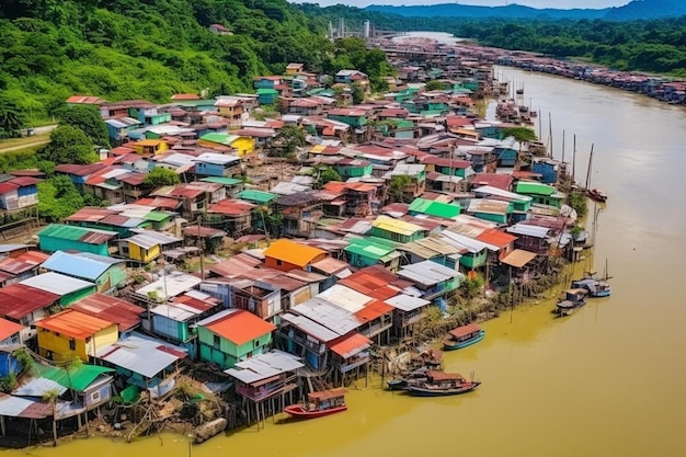 Photo un village avec des maisons sur l'eau et une rivière en arrière-plan
