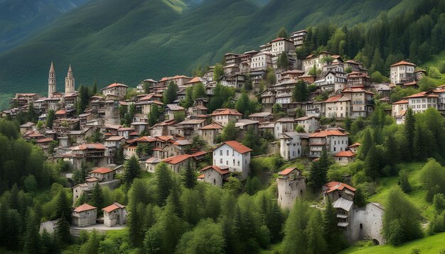 un village avec des maisons sur le flanc d'une montagne