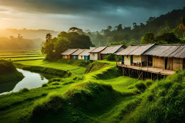 un village avec des maisons sur pilastres dans une forêt