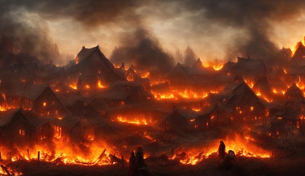Le village médiéval est en feu les maisons sont englouties par les flammes le feu dans la ville Attaque des barbares vikings sur la colonie du village médiéval Guerre dans le royaume illustration 3d