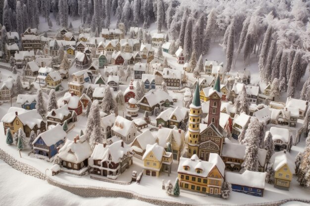 Village miniature enneigé pendant la saison hivernale créé avec l'IA générative