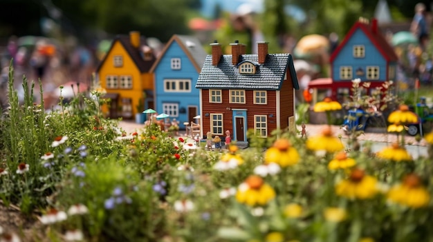 Un village miniature avec un jardin de maisons colorées au premier plan.