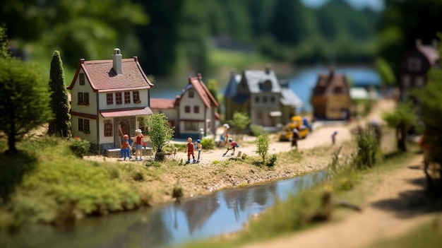 Un village miniature avec un petit village en arrière-plan