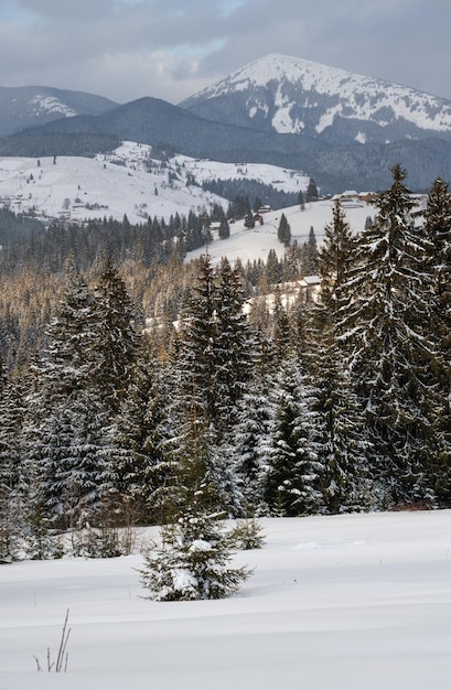 Village de montagne alpin éloigné d'hiver à la périphérie de la campagne collines bosquets et terres agricoles