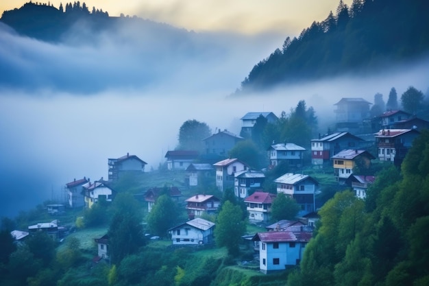 Un village de montagne à l'aube brumeuse
