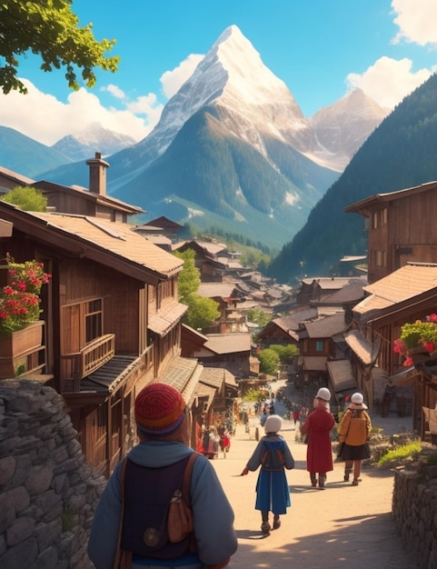 Un village de montagne paisible avec des gens de tous les âges races et origines tous portant large