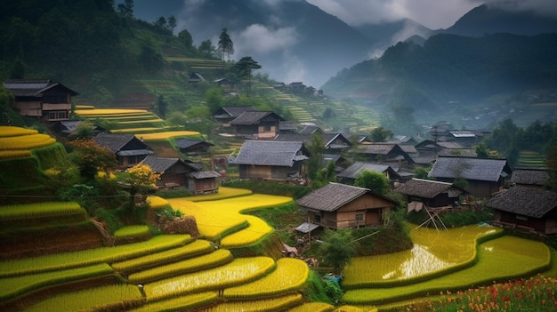 Un village de montagne avec des rizières en terrasses et une montagne en arrière-plan