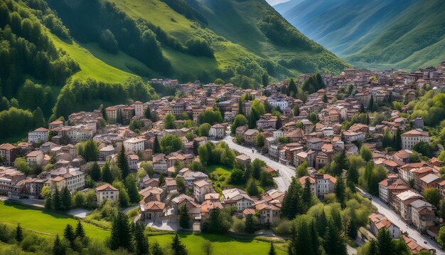 un village avec une montagne verte en arrière-plan
