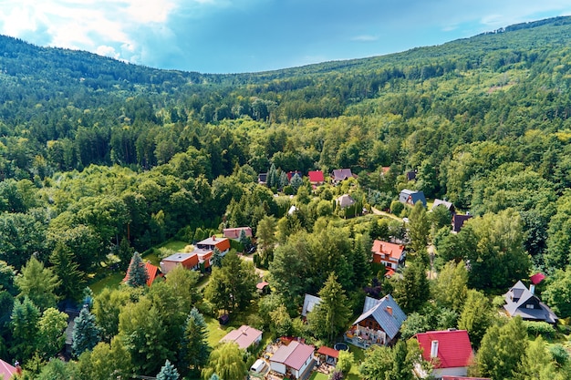 Village de montagne avec vue à vol d'oiseau de forêts