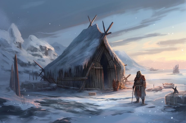 Village de neige du vieil homme viking