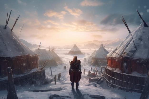 Village de neige Viking vieille femme Générer Ai