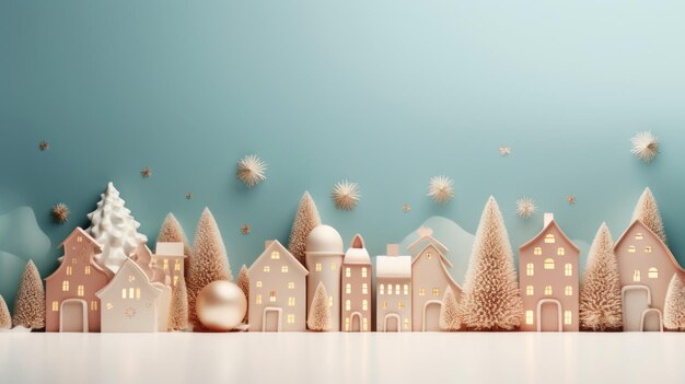 Le village de Noël 3D sur fond bleu