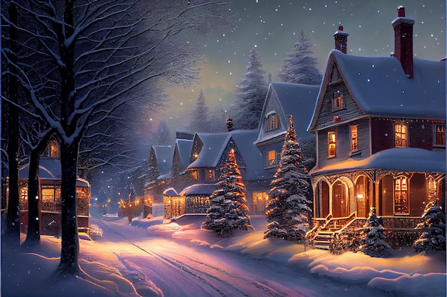 Le village de Noël d'hiver avec une belle vue en illustration de style peinture