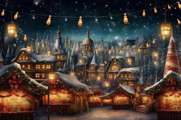 village de noël avec lumières et décorations dans la neige ai génératif