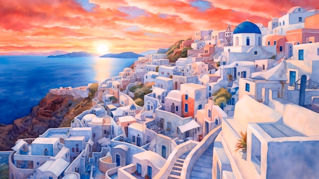 Village d'Oia sur l'île de Santorin au coucher du soleil GreeceAI Generated