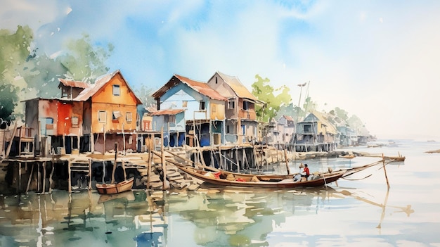 Village de pêcheurs aquarelle