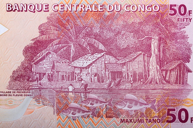 Village de pêcheurs le long du fleuve Congo à partir d'argent