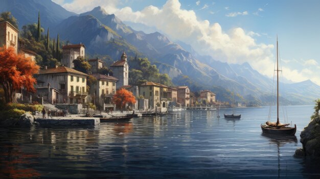 Photo un village pittoresque au bord du lac avec des bateaux et des montagnes