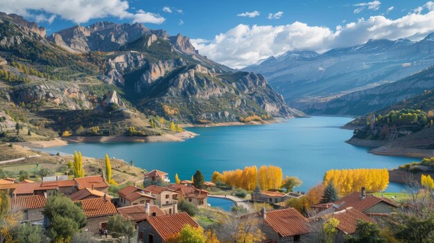 Photo le village et le réservoir de lanuza dans la vallée de tena alto gallego huesca aragon espagne