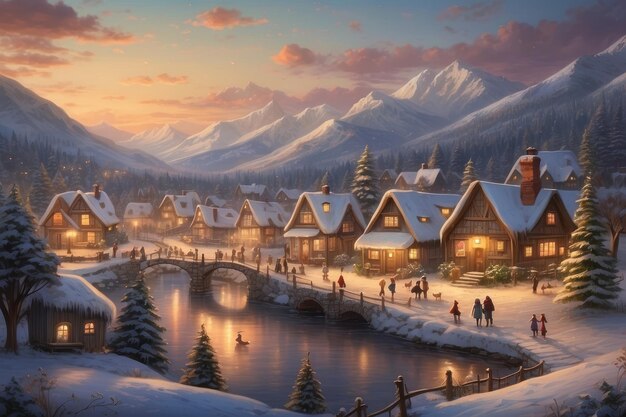 Photo le village des rêves, un étang gelé et des lumières scintillantes à la tombée de la nuit