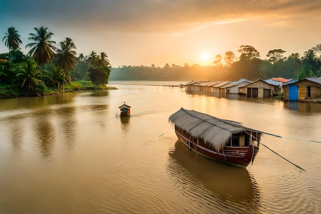 un village sur la rive du fleuve au coucher du soleil