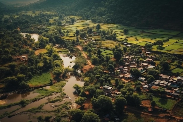 un village avec une rivière et des arbres en arrière-plan