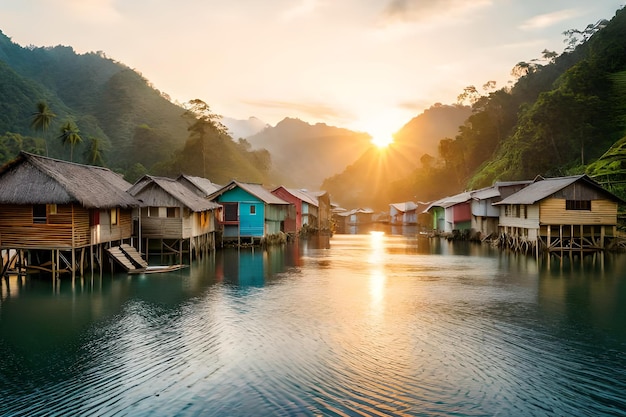 Un village sur la rivière dans les montagnes