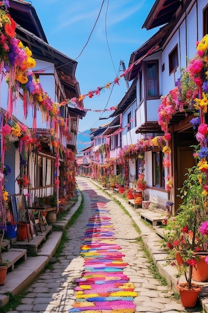 Village roumain avec des maisons décorées de rubans Mrior