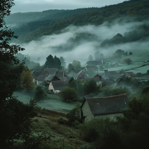 Le village serré et brumeux