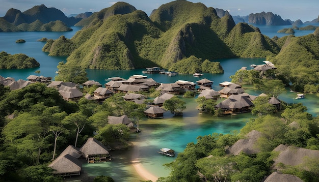 un village avec des toits de chaume est entouré d'eau