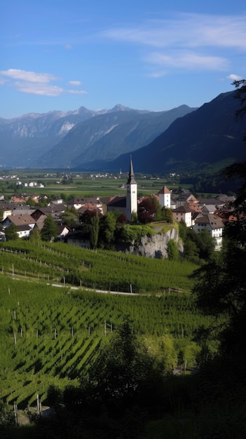 Un village avec vignes et montagnes en arrière-plan