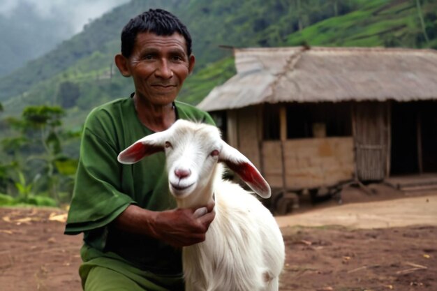 Photo un villageois indonésien avec sa chèvre