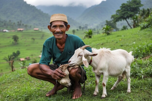 Photo un villageois indonésien avec sa chèvre