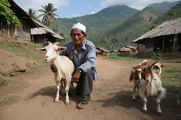 Photo un villageois indonésien avec sa chèvre