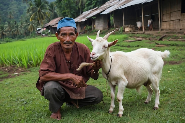 Photo un villageois indonésien avec sa chèvre