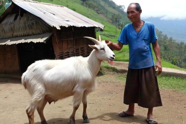 Photo un villageois indonésien avec sa chèvre