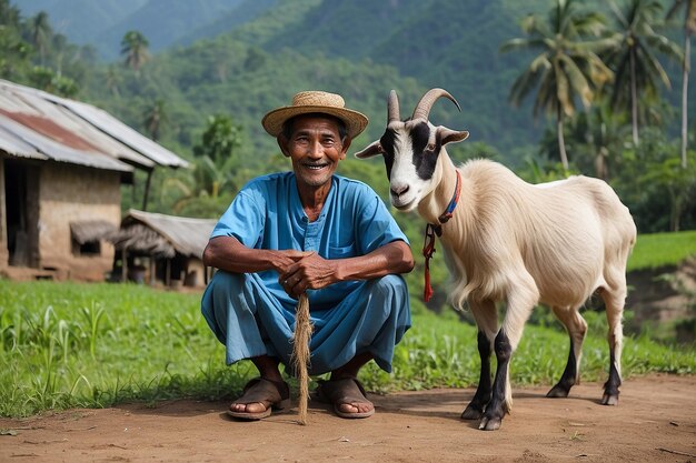 Photo un villageois indonésien avec sa chèvre