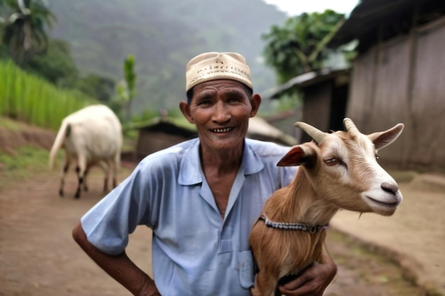 Photo un villageois indonésien avec sa chèvre