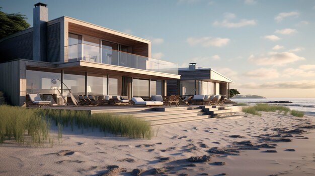 Des villas de luxe au coucher du soleil avec des palmiers et des fauteuils sur une plage tranquille.