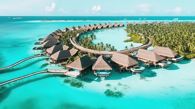 Villas sur pilotis sur l'île tropicale de l'atoll pour les vacances, les vacances, les voyages et la lune de miel Generative ai