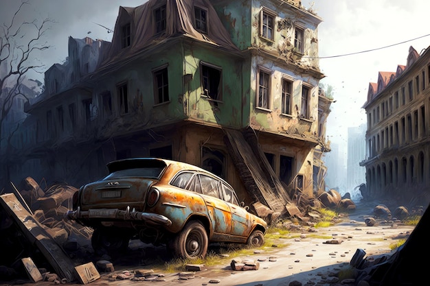 Une ville abandonnée avec des bâtiments brisés d'où tombent des pierres