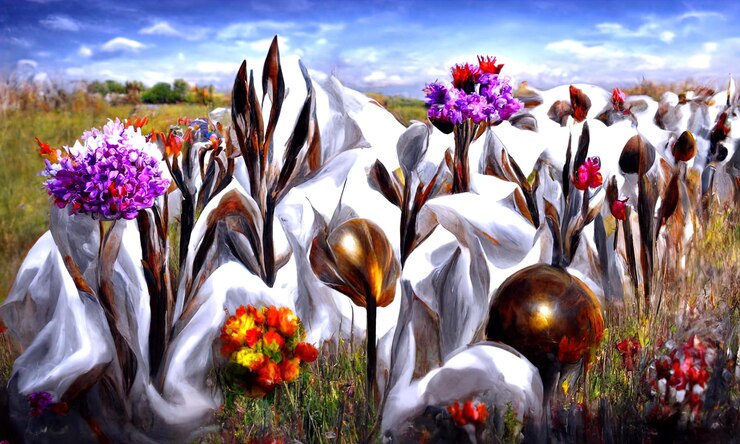 Ville abandonnée magique dans un champ de fleurs paysage peintures murales de fleurs sur les côtés des bâtiments abandonnés champ grandes fleurs illustration 3d